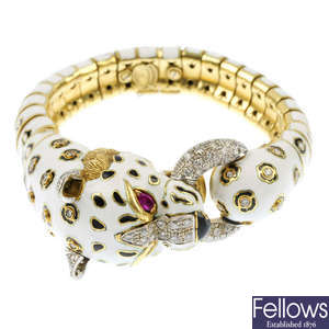 A diamond, ruby and enamel leopard bracelet. 