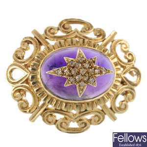 A 9ct gold diamond and amethyst brooch.