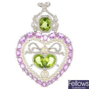A diamond and gem heart brooch.