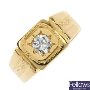 A gentleman's 1930s 18ct gold diamond single-stone signet ring.