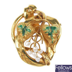 A late Victorian gold enamel and cultured pearl brooch. 