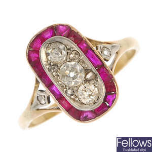 A diamond and ruby panel ring. 