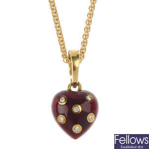 FABERGE - an 18ct gold diamond enamel heart-shape pendant.