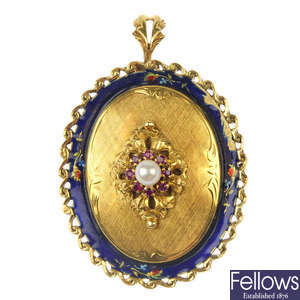 An 18ct gold cultured pearl, ruby and enamel pendant.
