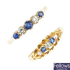 Two gold sapphire and diamond five-stone rings.
