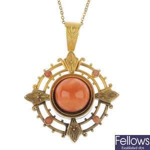 A late Victorian 18ct gold coral pendant and earring set, circa 1880. 