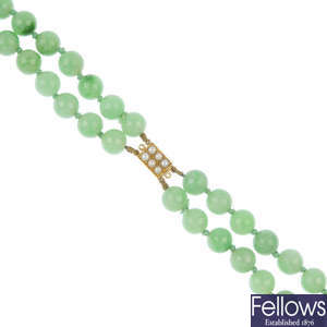 A jade bead two-row necklace, with split pearl clasp.