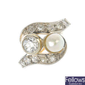 A diamond and cultured pearl crossover ring.
