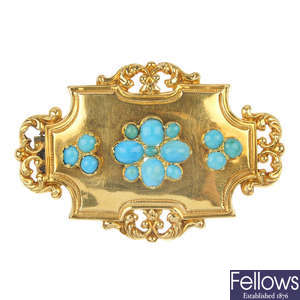 A late 19th century gold turquoise panel brooch.