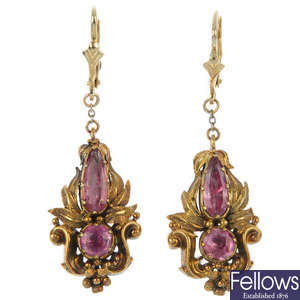 A pair of late 19th century gold foil-back topaz ear pendants.