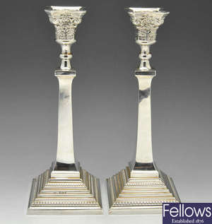 A pair of mid-twentieth century silver candlesticks.