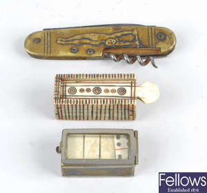 A French prisoner of war carved and stained bone miniature box with removable sliding cover, etc. 