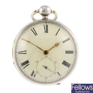 A silver open face pocket watch by John Bold together with an Albert chain. 