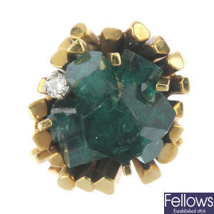 A 1970s 18ct gold synthetic emerald crystal and diamond ring, by Deakin & Francis.