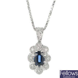 A 1970s 18ct gold sapphire and diamond pendant, and chain.