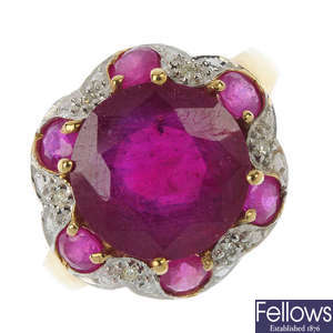 A 9ct gold glass-filled ruby and diamond ring. 