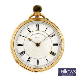 An 18ct gold open face pocket watch by Thomas Russell. 