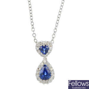 A sapphire and diamond pendant. 