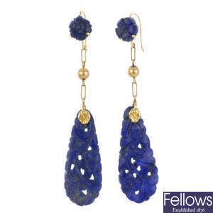 A pair of mid 20th century lapis lazuli ear pendants. 