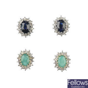 Two pairs of 9ct gold gem-set cluster ear studs.