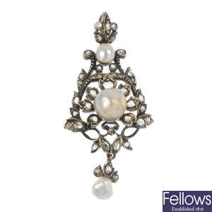 A mid 19th century silver and gold pearl and diamond pendant.