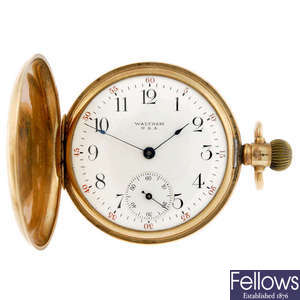 A 9ct gold full hunter pocket watch by Waltham.