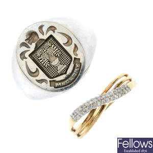 A 9ct gold diamond crossover ring and a signet ring.