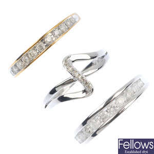 A selection of six 9ct gold diamond rings.