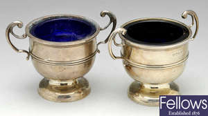A pair of Edwardian open silver salts, plus a modern silver salver.