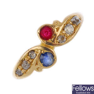 A mid 20th century 18ct gold diamond and multi-gem ring.
