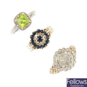 A selection of six 9ct gold diamond and gem-set rings.