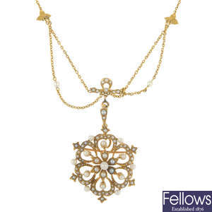 An early 20th century 18ct gold seed and split pearl pendant. 