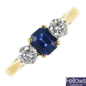 An 18ct gold sapphire and diamond three-stone ring, by Cropp & Farr.