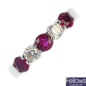 An 18ct gold ruby and diamond five-stone ring.