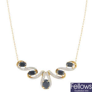 A 9ct gold sapphire and diamond hinged bangle and two sapphire necklaces. 