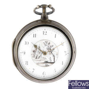 A silver open face pair case pocket watch by B.Clowes.