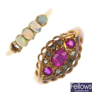 Two early 20th century 18ct gold gem-set rings.