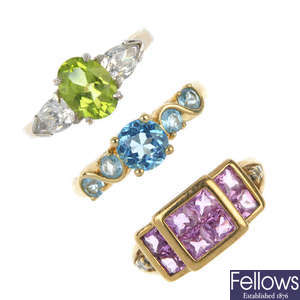 A selection of five 9ct gold gem-set rings. 