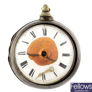 A silver open face pair case pocket watch with two open face pocket watches.