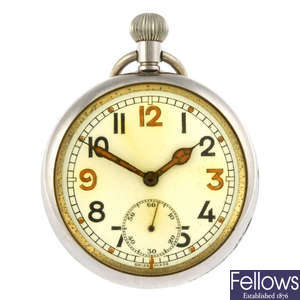 An open face military pocket watch together with another open face military pocket watch 