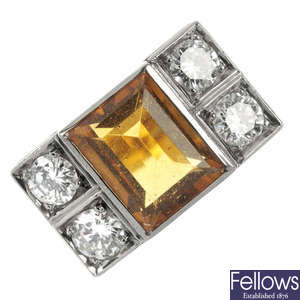 A mid 20th century 14ct gold citrine and diamond dress ring