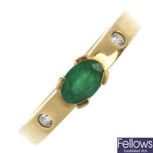An 18ct gold emerald and diamond ring and a tourmaline crystal pendant. 