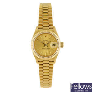 (945004209) ROLEX - a  lady's 18ct gold Oyster Perpetual Datejust bracelet watch.  