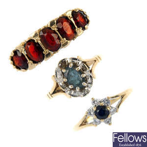 A selection of five 9ct gold cubic zirconia and gem-set dress rings.