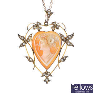 An early 20th century cameo and split pearl pendant.