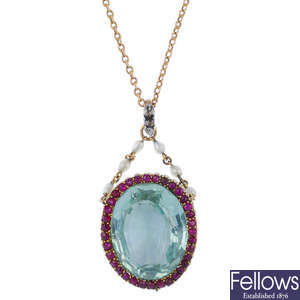An aquamarine, ruby, seed pearl and diamond pendant.