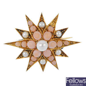 A late 19th century coral, cultured and split pearl star brooch.