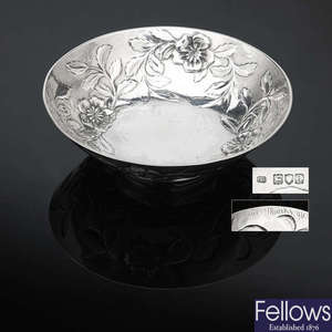 A late Victorian Arts & Crafts small shallow silver bowl by Gilbert Marks.