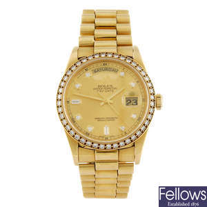 ROLEX - a  gentleman's 18ct yellow gold Oyster Perpetual Day-Date bracelet watch. 