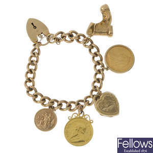 A 9ct gold charm bracelet, suspending a Victorian Sovereign and other charms.